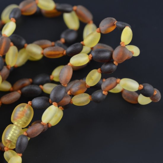 Teething necklace with raw olive amber beads